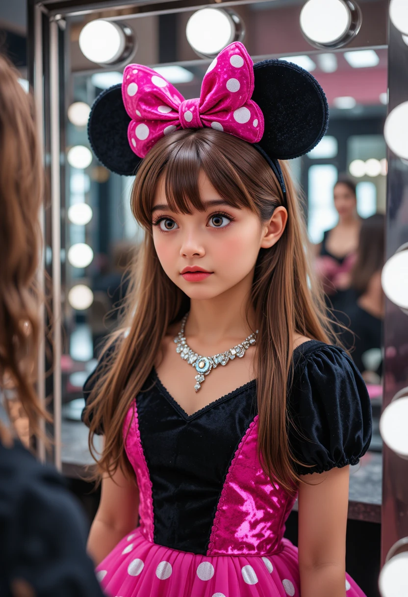 Menino com vestido rosa da Minnie em provador de boutique