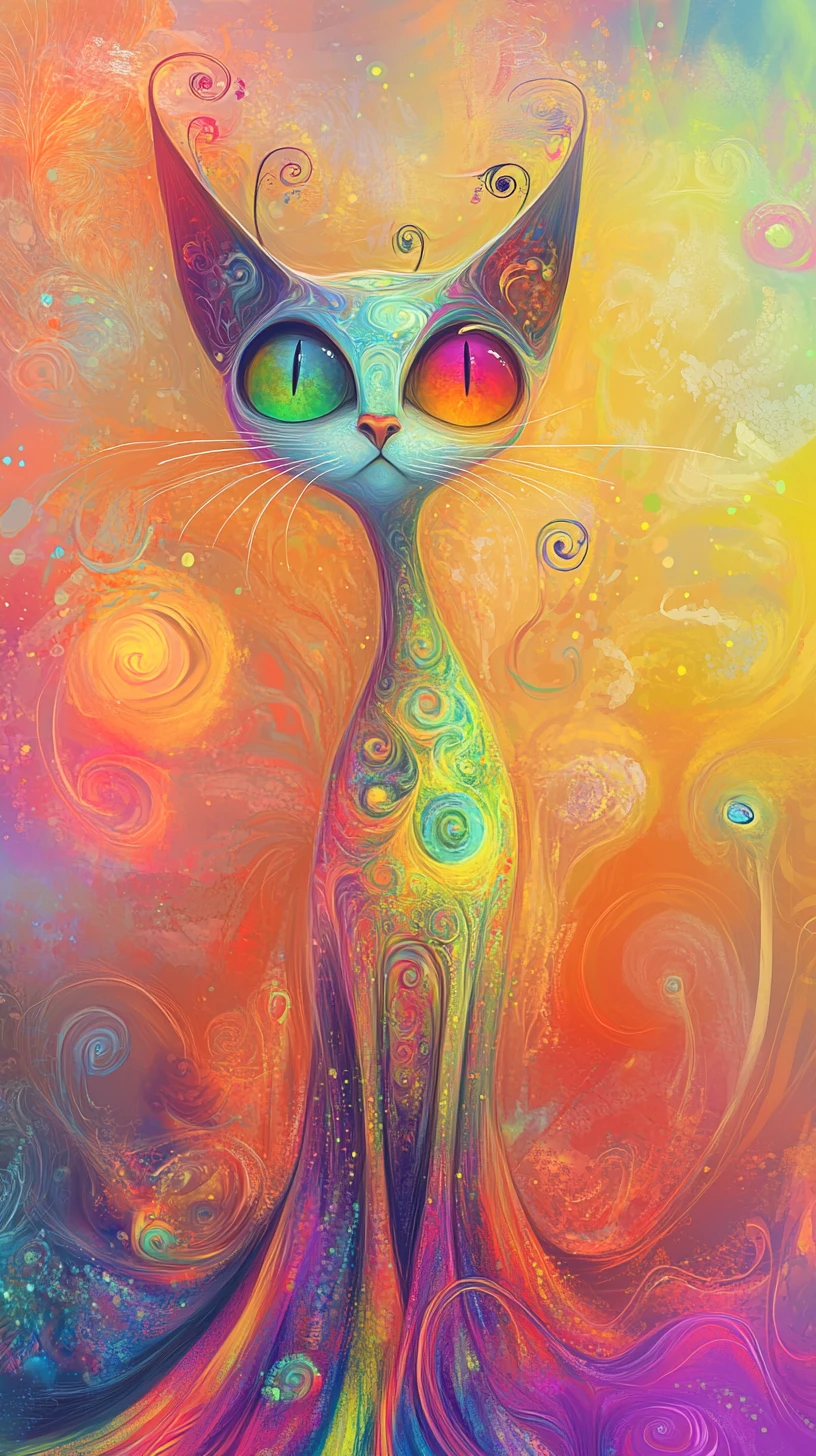 Gato cartoon divertido em close-up sobre fundo abstrato de arco-íris