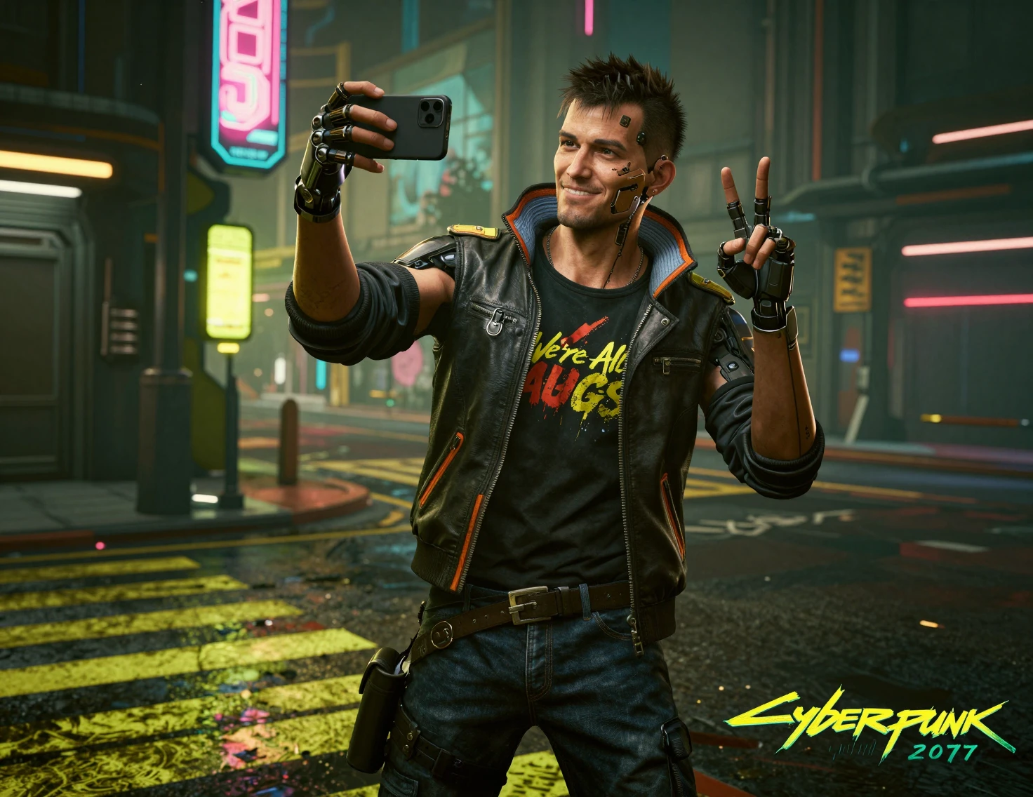 Cyberpunk-Mann macht ein Selfie in einer neonbeleuchteten Straße
