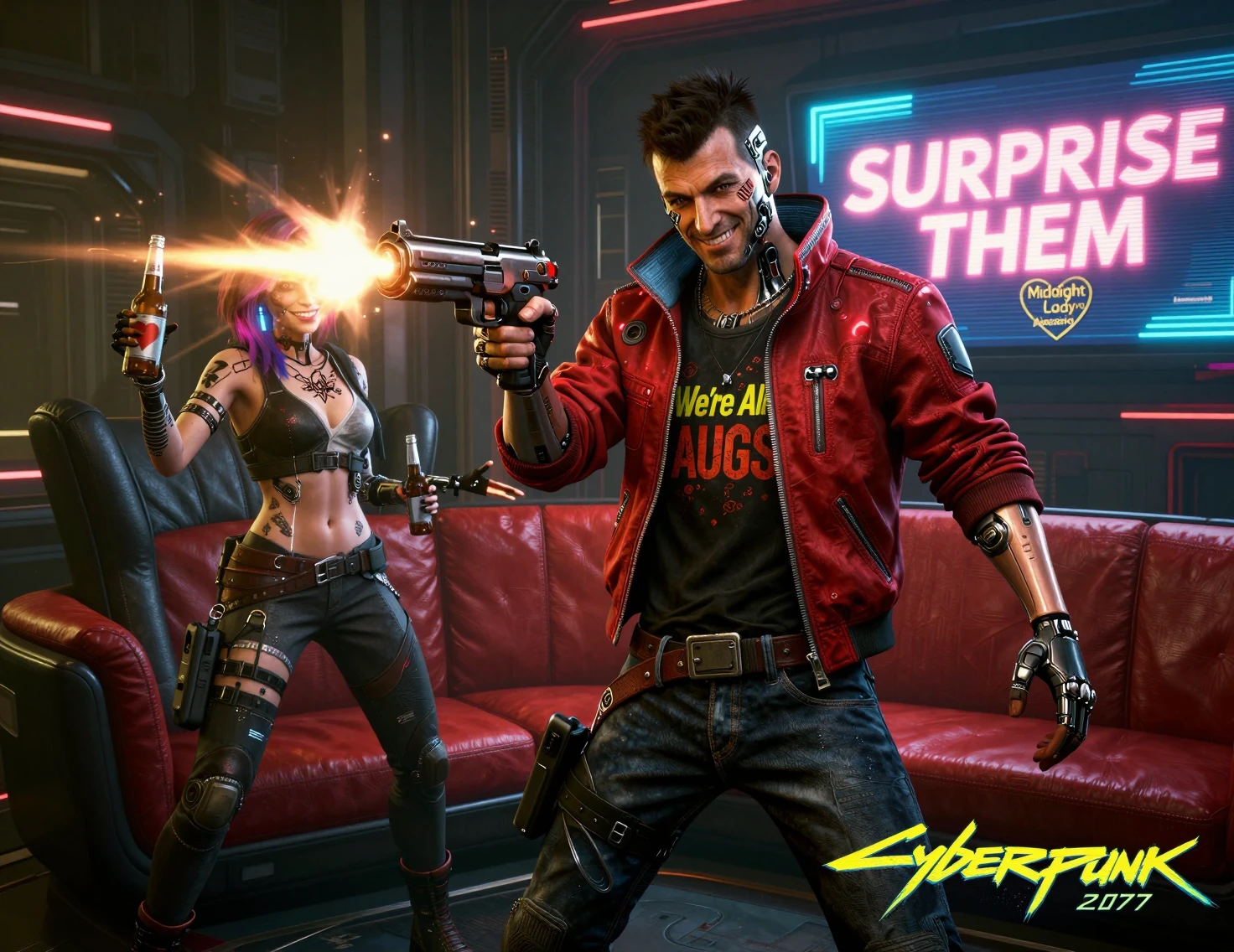 Homem aumentado disparando uma arma de neon em um quarto cyberpunk