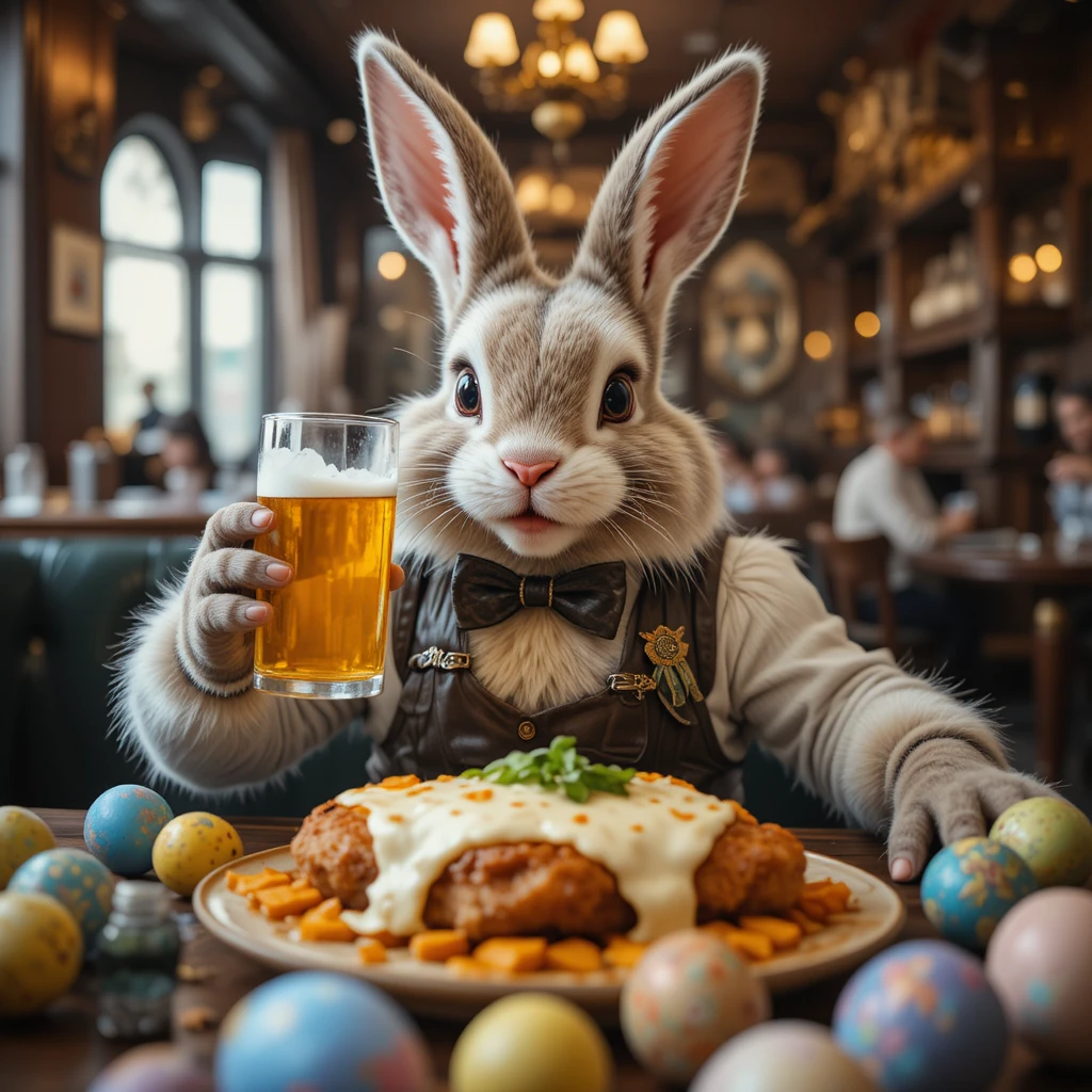 Coelho de Páscoa em um pub bebendo cerveja à mesa
