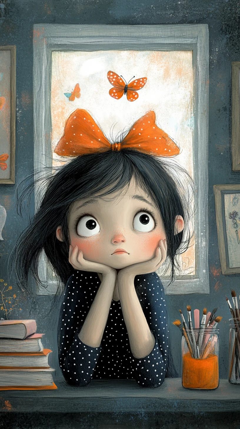 Thoughtful young girl with orange bow in a cozy room