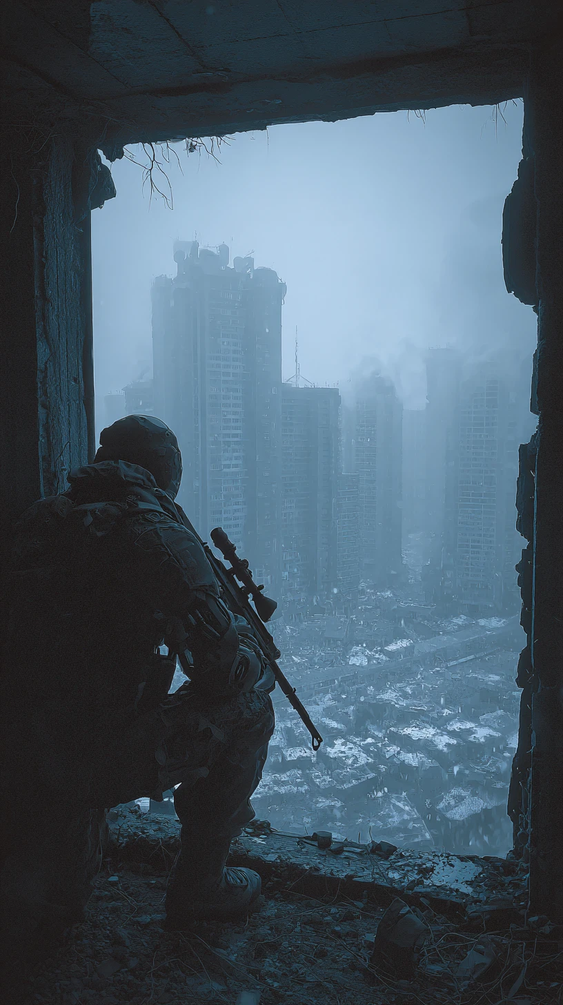 Soldado franco-atirador futurista mirando sobre cidade russa em ruínas