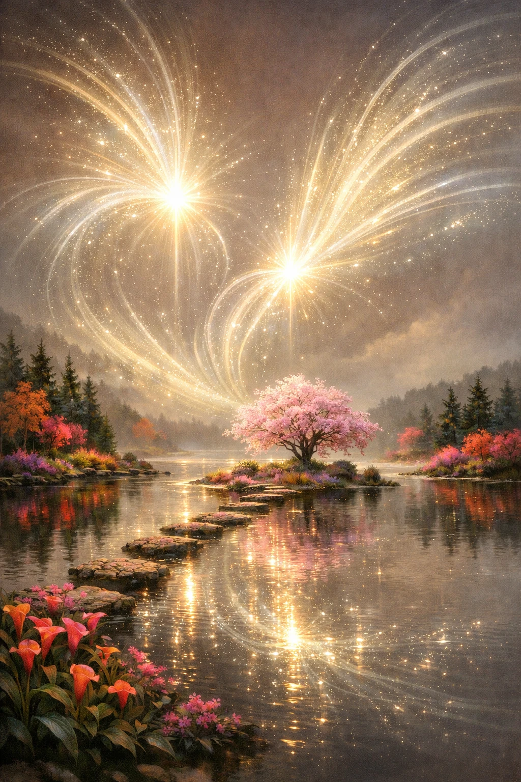 Surreal glowing light over a tranquil reflective lake
