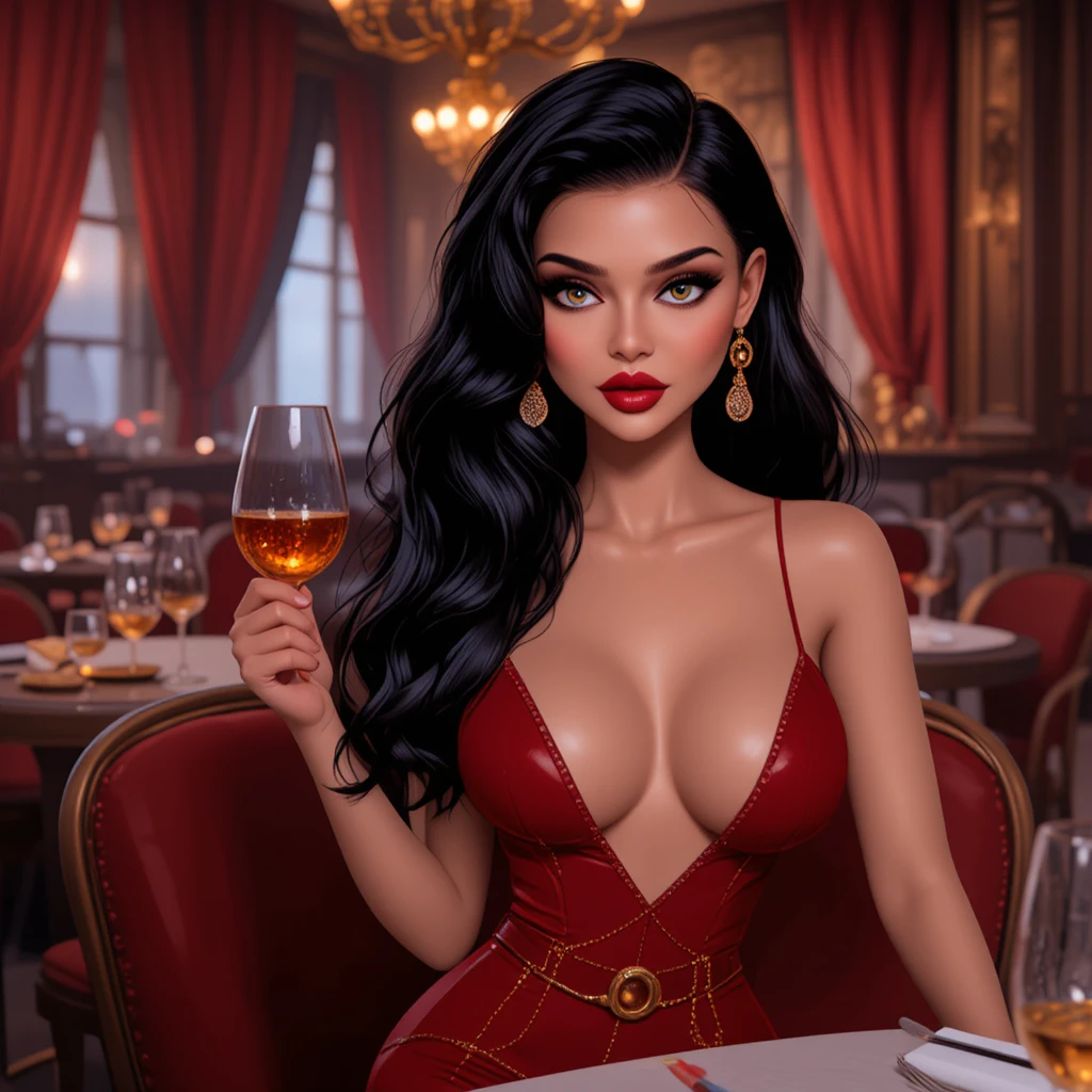 Elegant woman in red dress relaxing in cozy restaurant