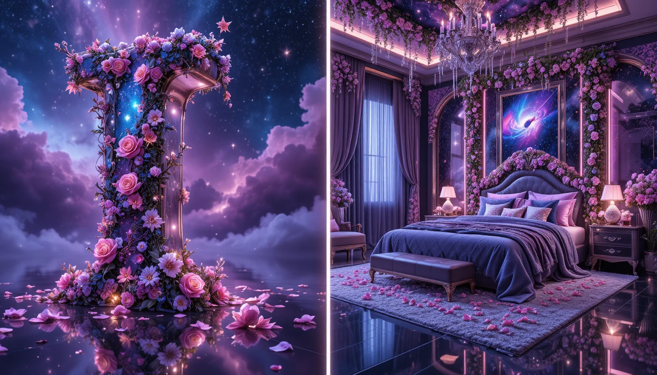 Instalación de letra galáctica junto a dormitorio de temática floral