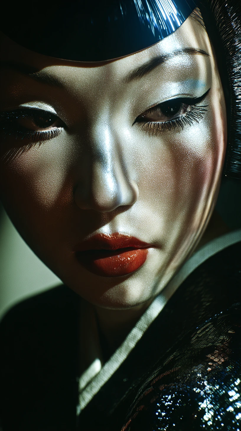 Geisha mit weißer Gesichtsfarbe im detailreichen Cyberpunk-Stil