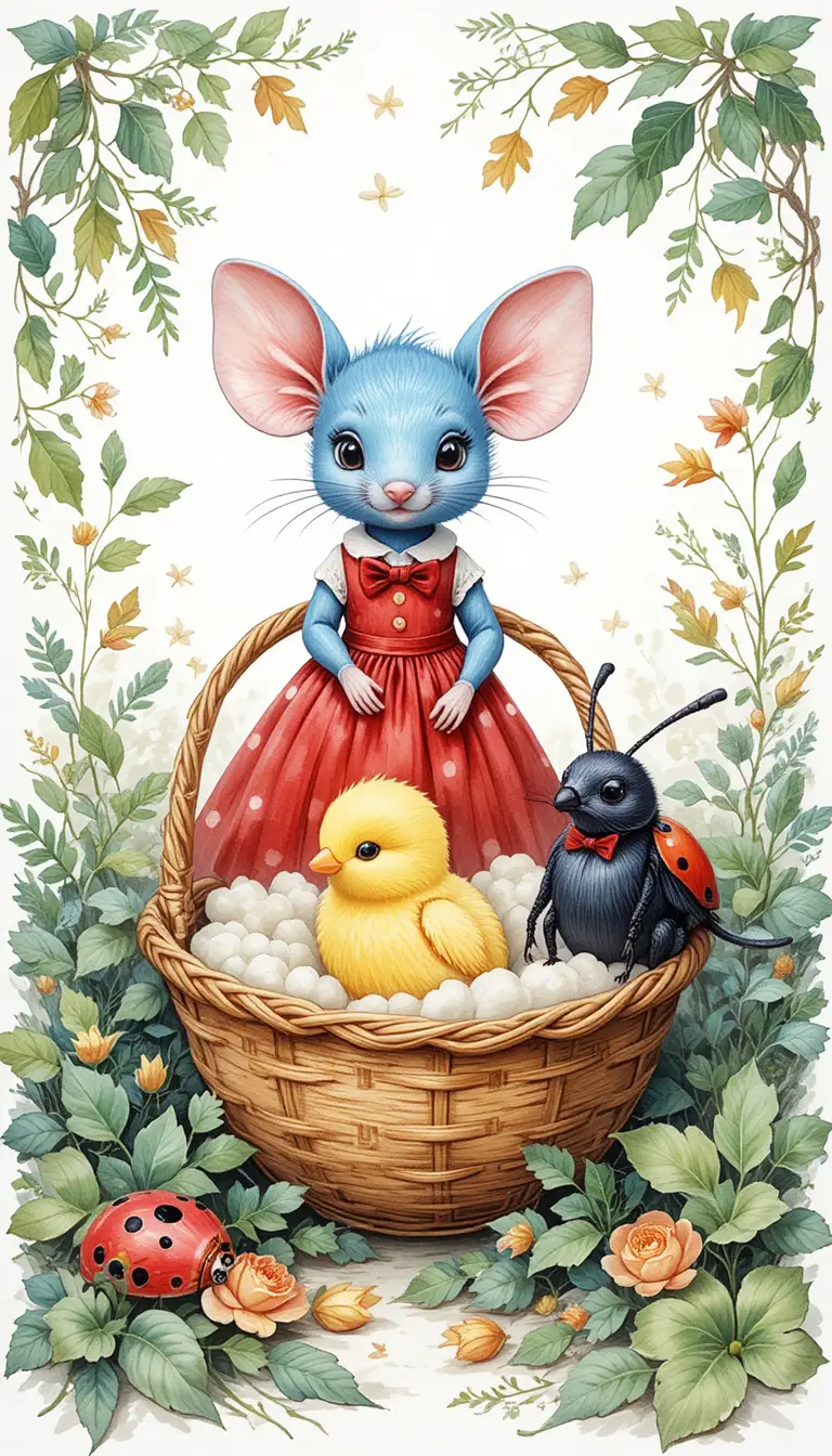 Rato Azul Divertido com Pintinho e Besouros Companheiros