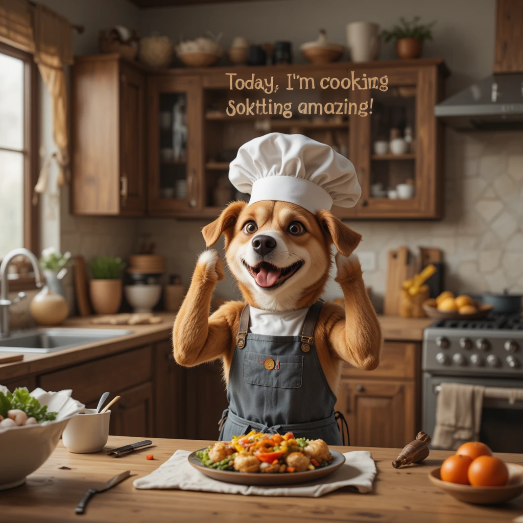 Cão chef alegre em uma aconchegante cozinha caseira