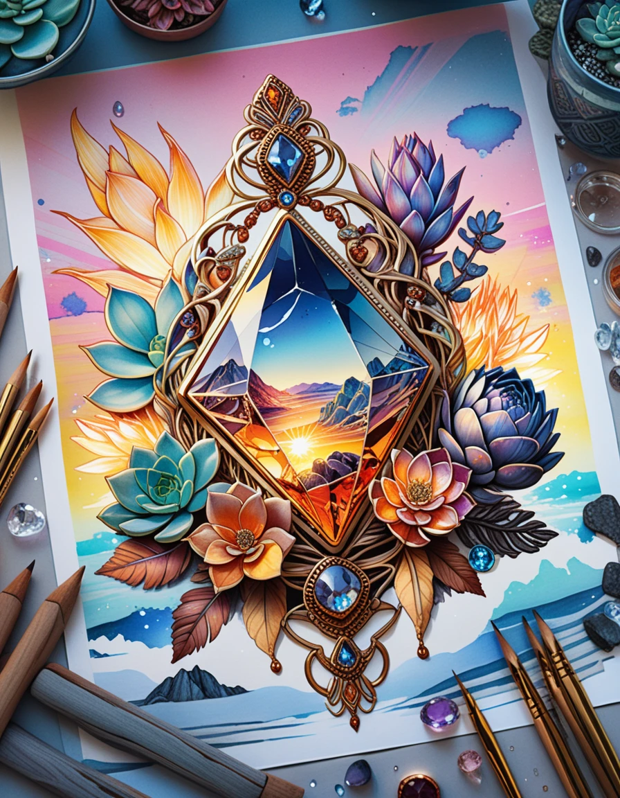 Bohemian Goth Gemstone Tattoo Illustration With Neon Succulents