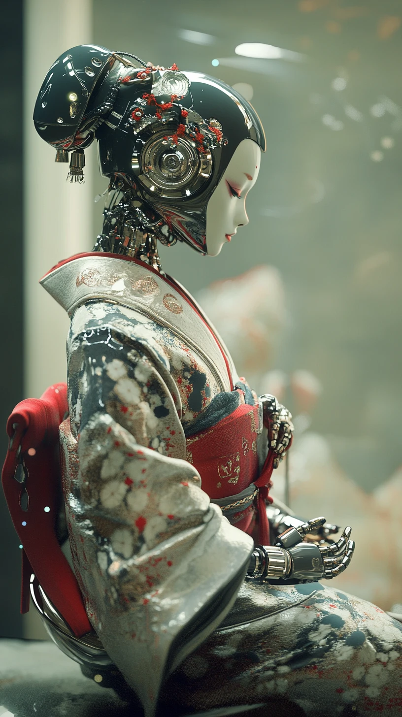 Humanoid Robot Geisha Kneeling In Silver Kimono