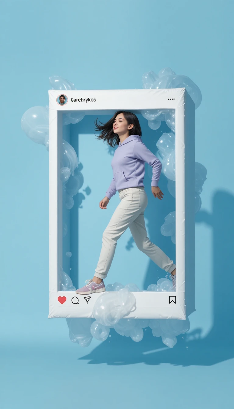 Donna che esce in movimento da una cornice in stile Instagram