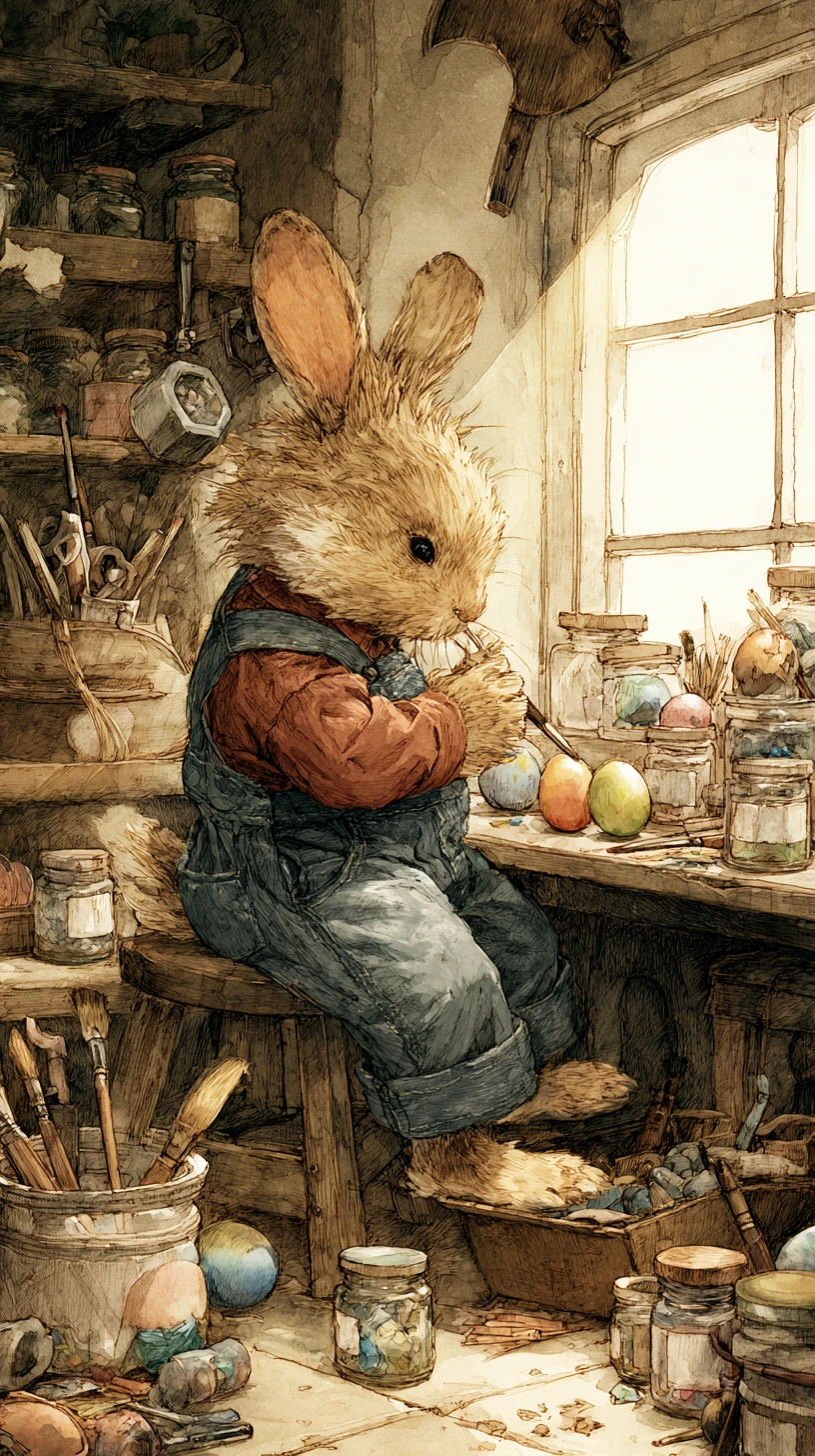 Coelho peludo de Páscoa pintando ovos em uma oficina rústica