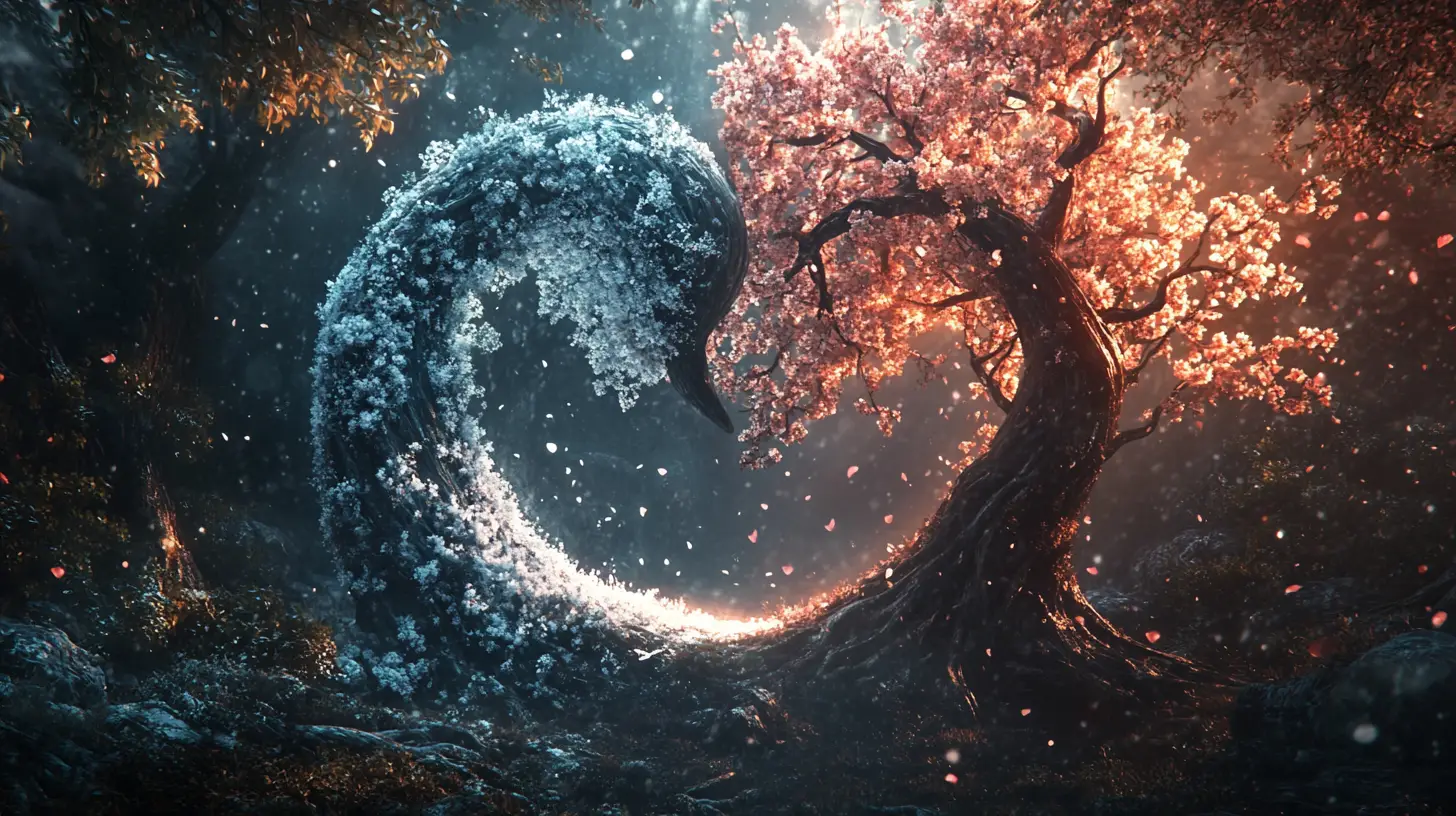 Yin yang formed by blooming and icy ancient trees