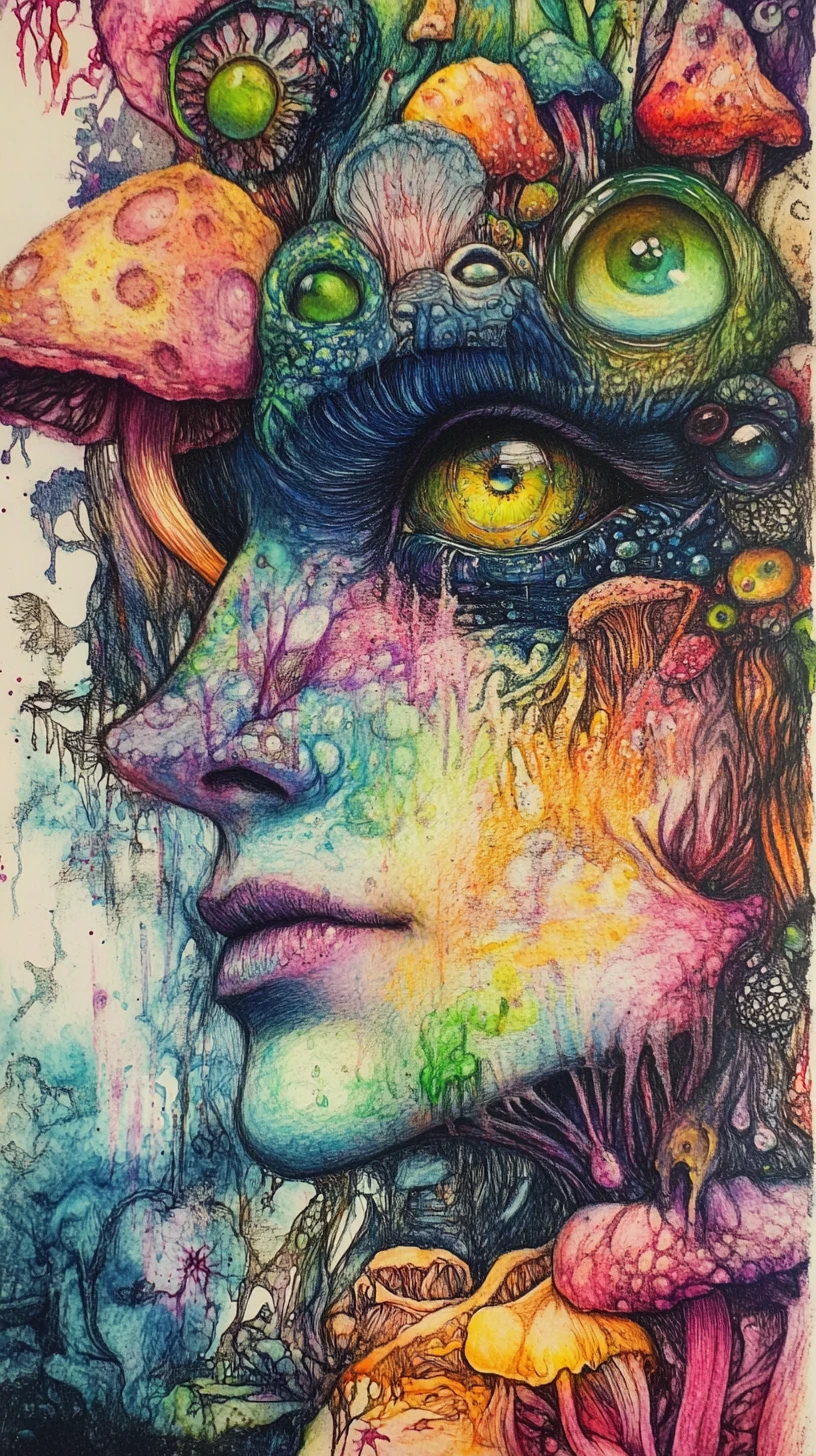 Duende surreal em close com olhos hipnóticos em cores oníricas
