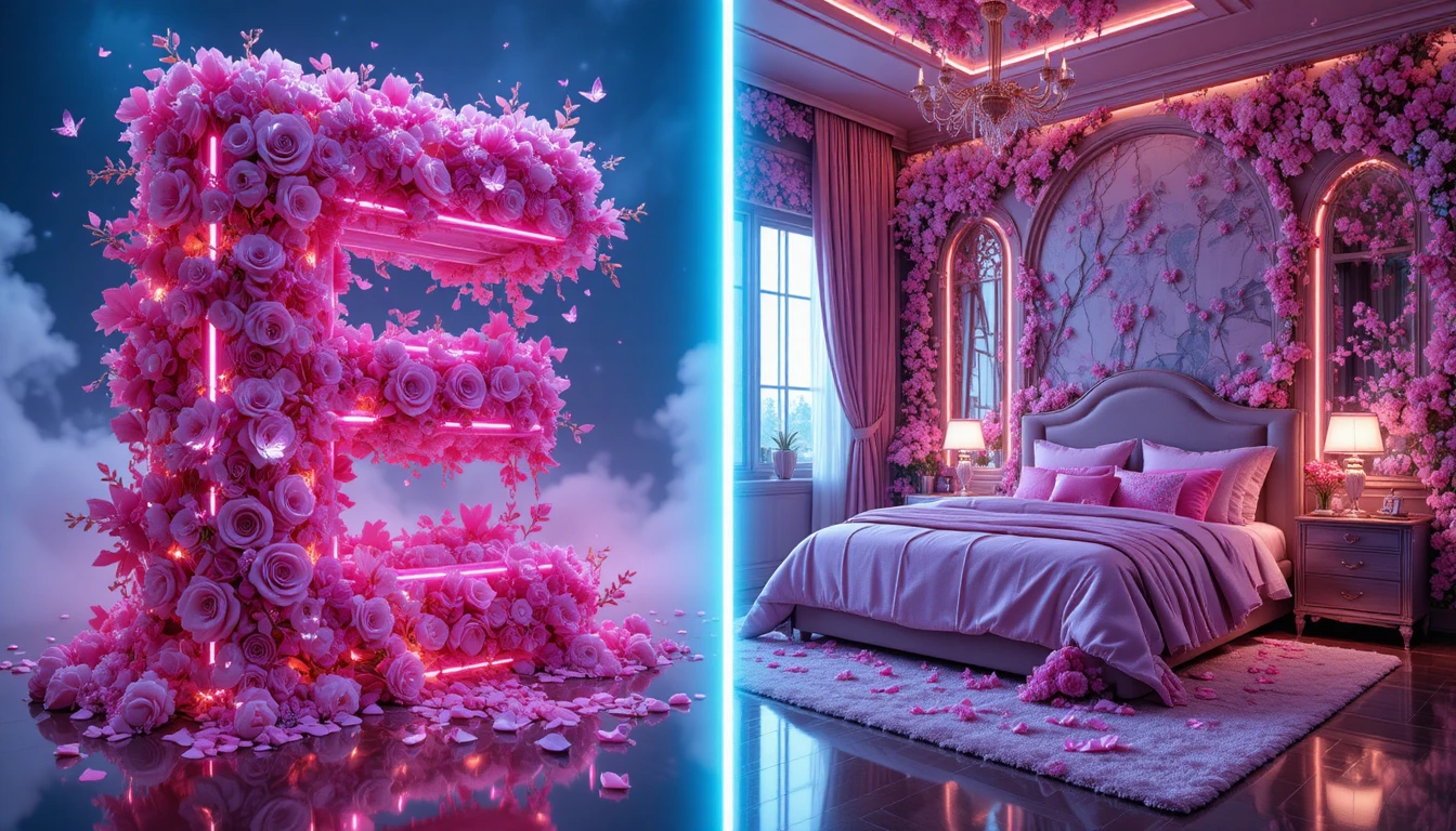 Letra E 3D Neón Floral con Fondo Brillante y Nebuloso