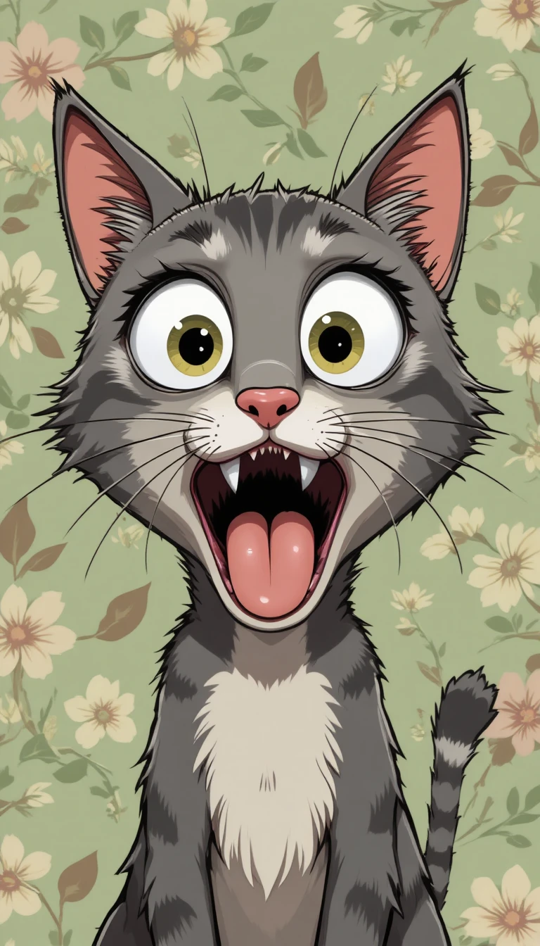 Gato Cinza Malhado em Desenho Animado Chocado com Fundo Floral Abstrato