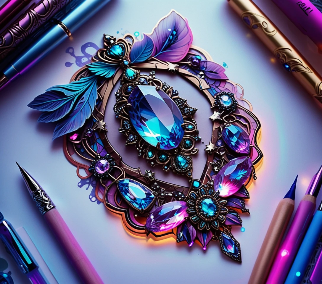 Mystische Edelstein-Schmuckillustration mit Neon-Kristallclustern