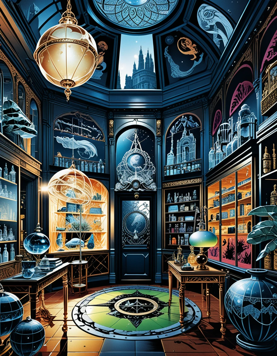 Mystical boutique interior filled with ornate occult displays
