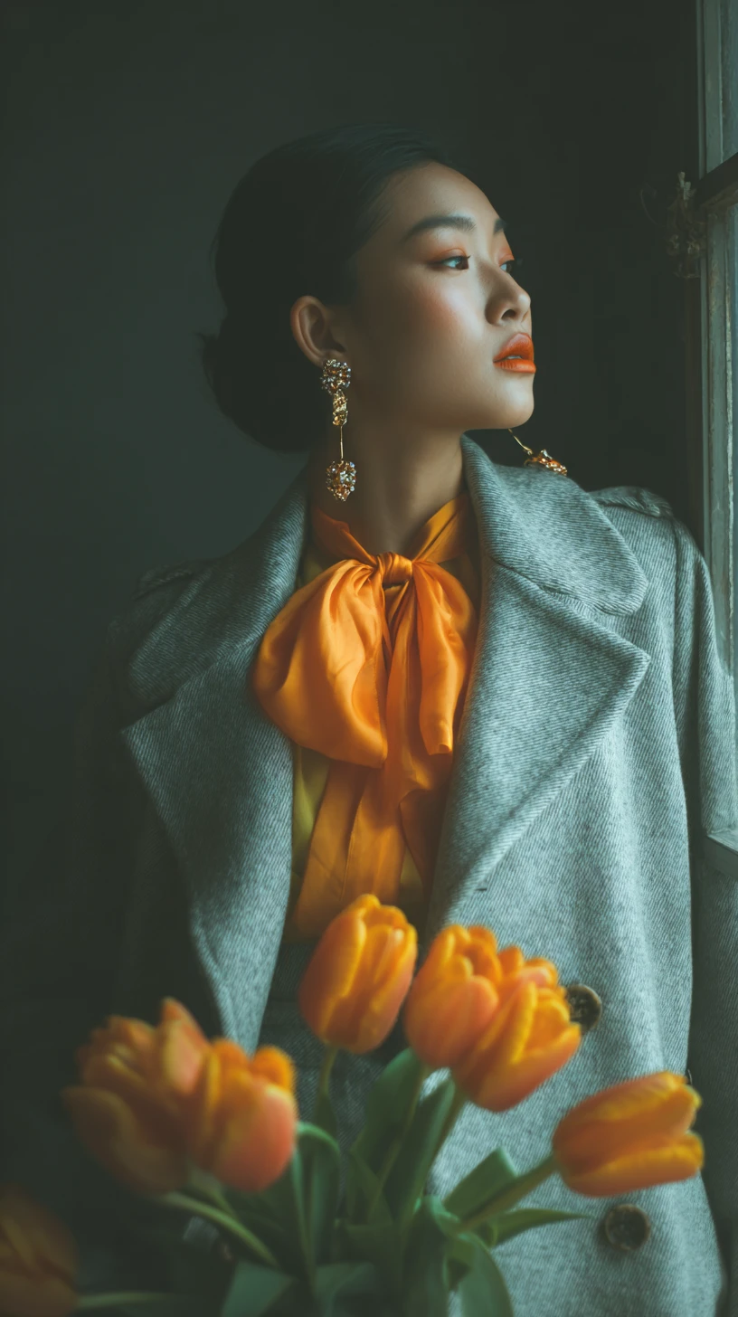 Stylish Asian woman by window with orange tulips