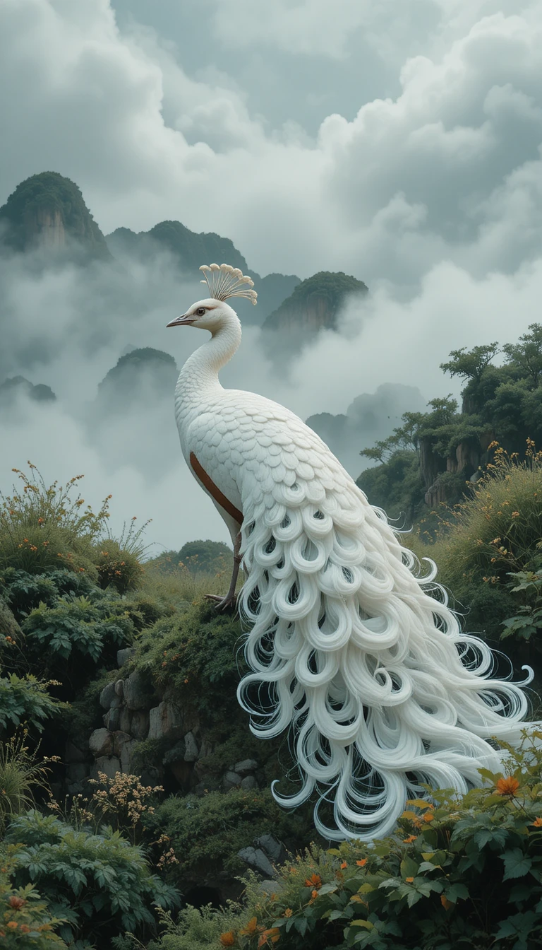 Pavão branco com cauda fluida em paisagem chinesa enevoada