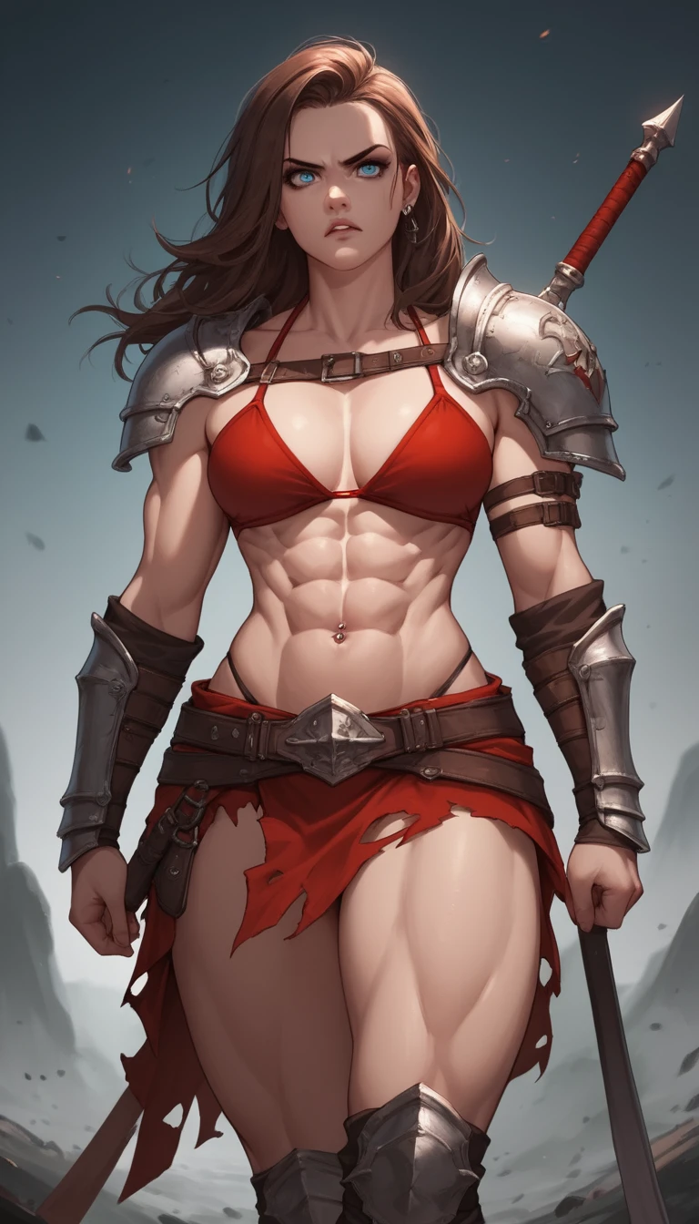 붉은 비키니와 해진 치마를 걸친 갑옷 전사 여성