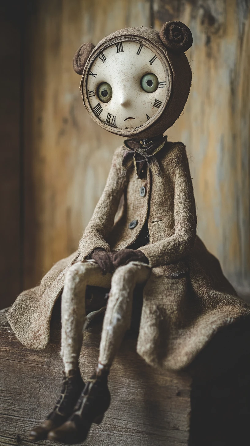 Melancholic clock faced figure in oversized coat