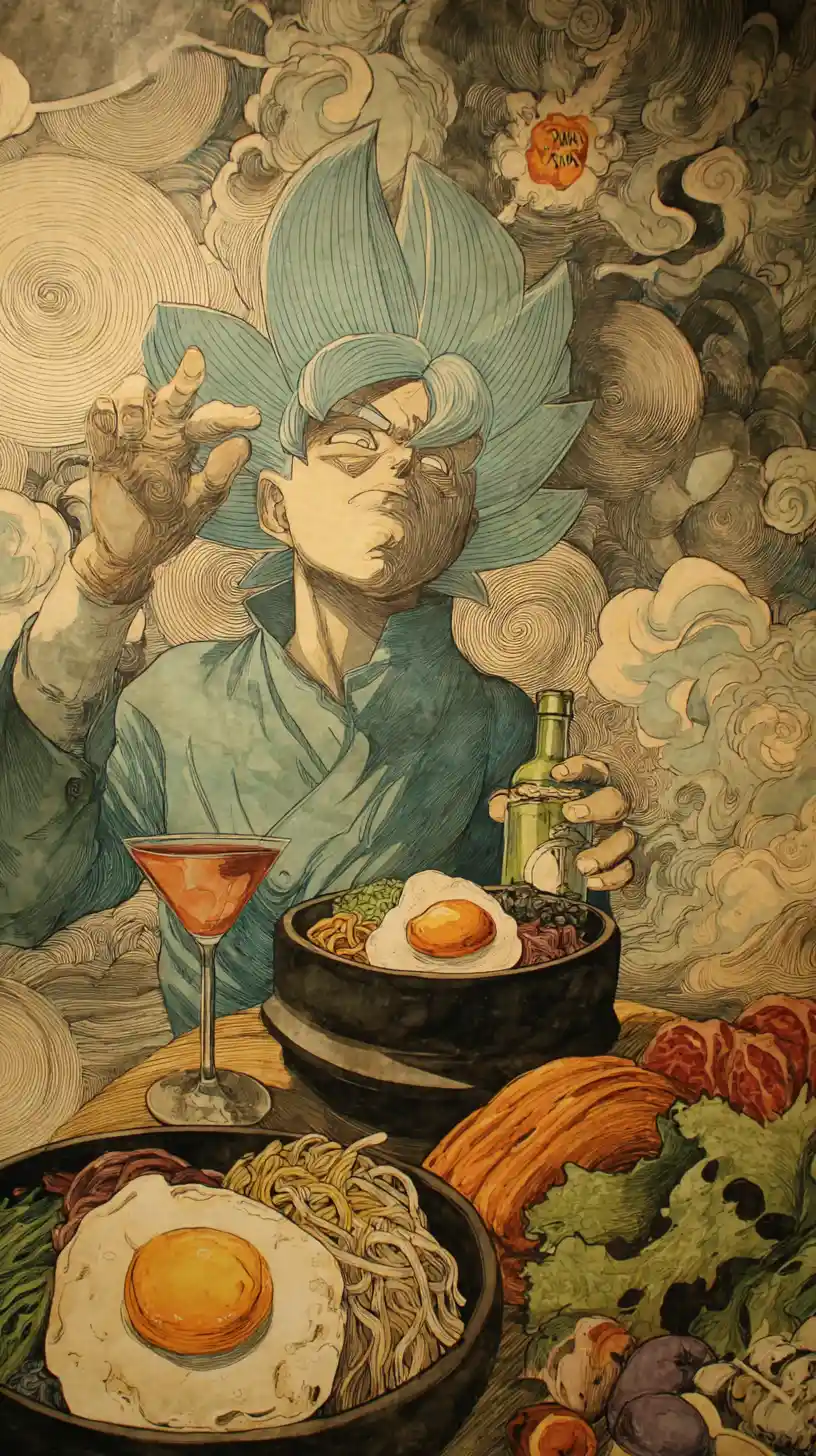 Korean bibimbap served alongside a bottle of soju