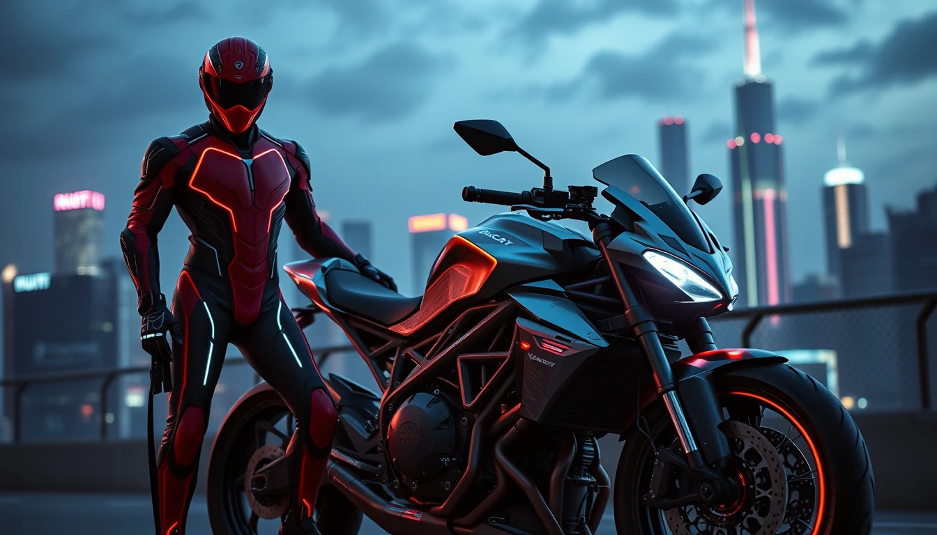 Guerreiro em estilo Tron com moto Ducati em cidade cyberpunk