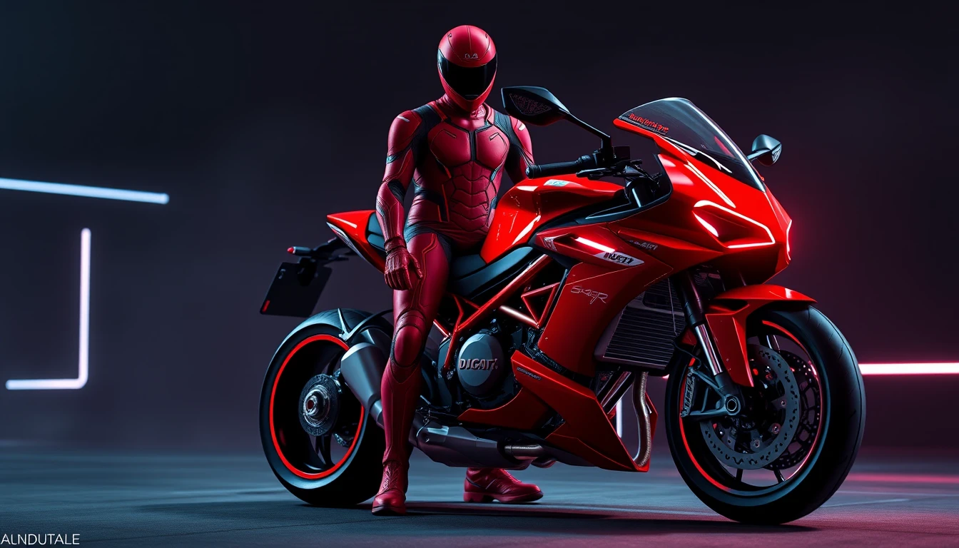 Piloto futurista ao lado de uma moto sci‑fi na escuridão