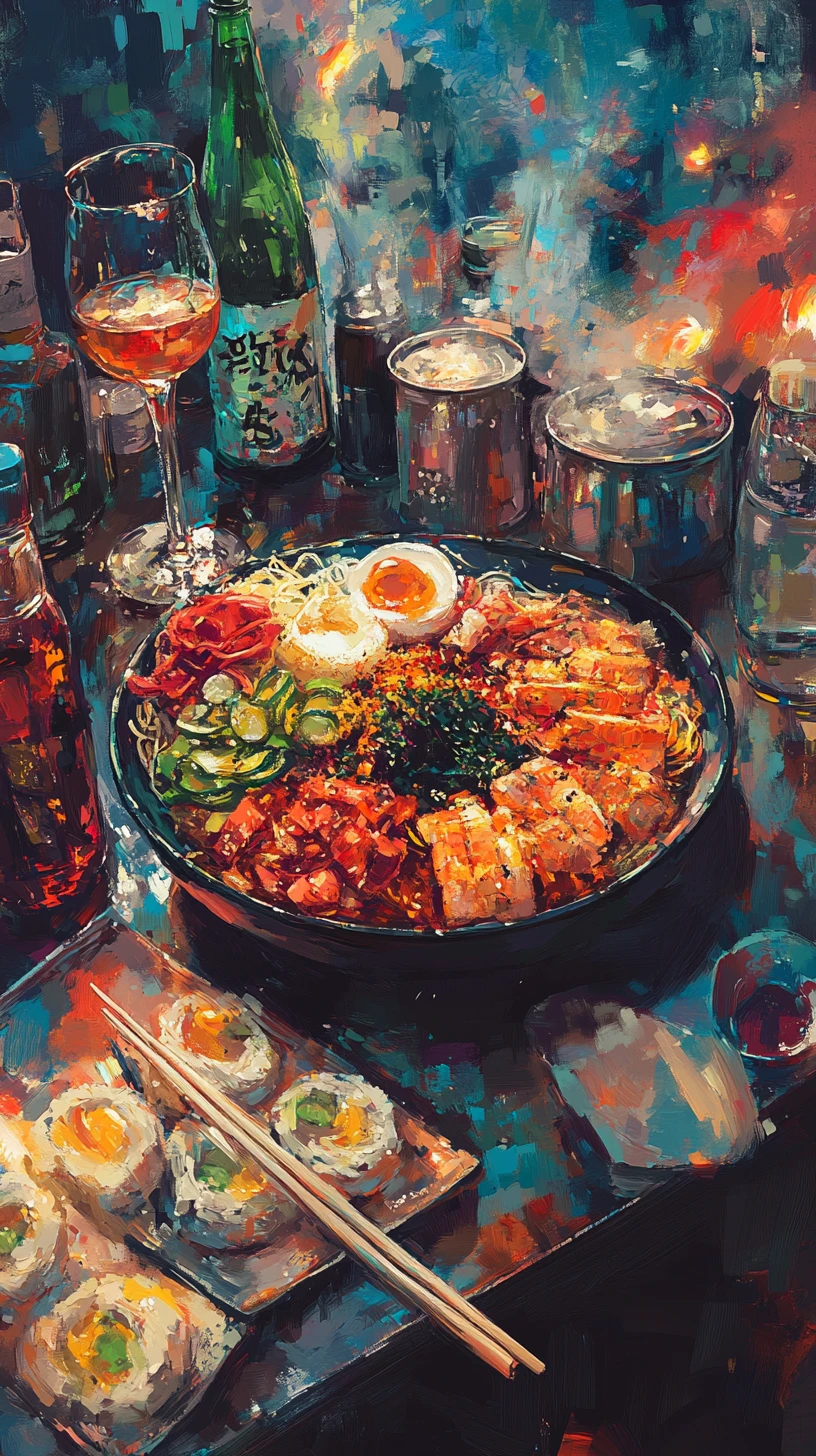 Colorful Korean bibimbap served with a bottle of soju