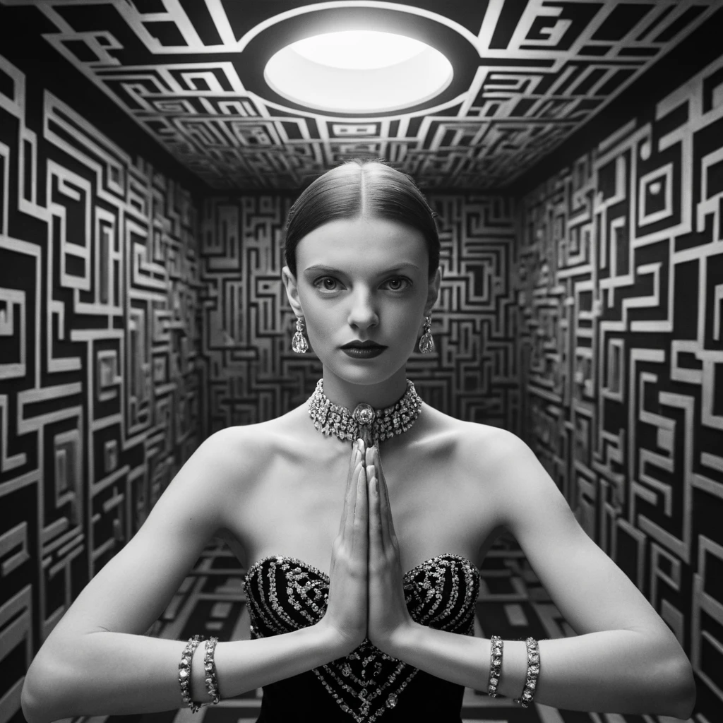 Retrato surreal de uma mulher tatuada em espelhos infinitos