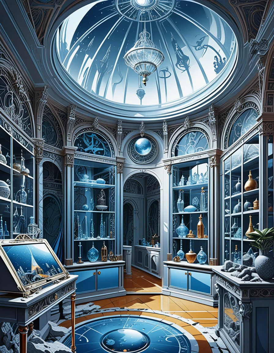 Mystische Astrologie-Boutique mit prunkvollem Glasvitrinen-Interieur