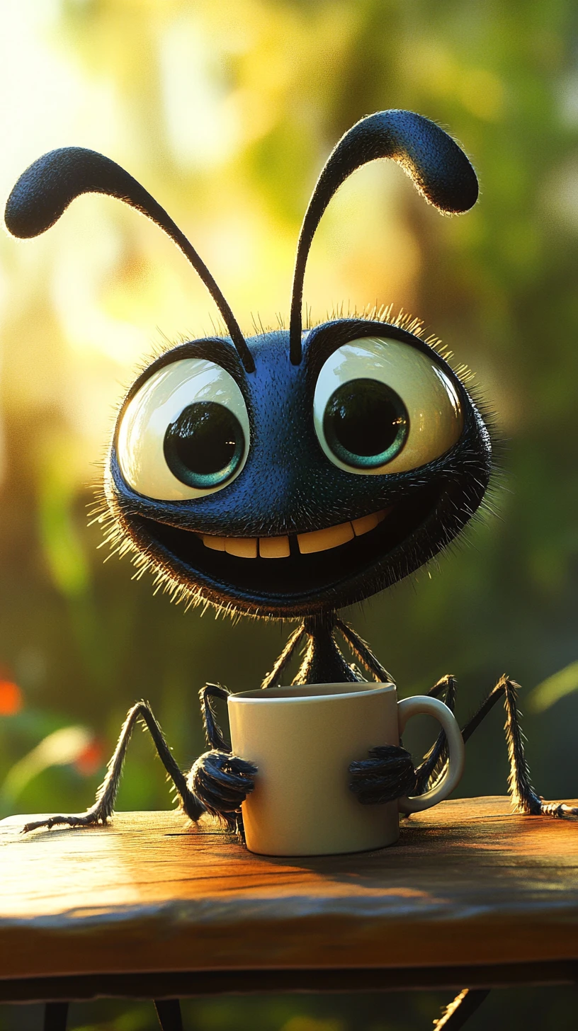 Cheerful cartoon ant with a mug in a sunny forest