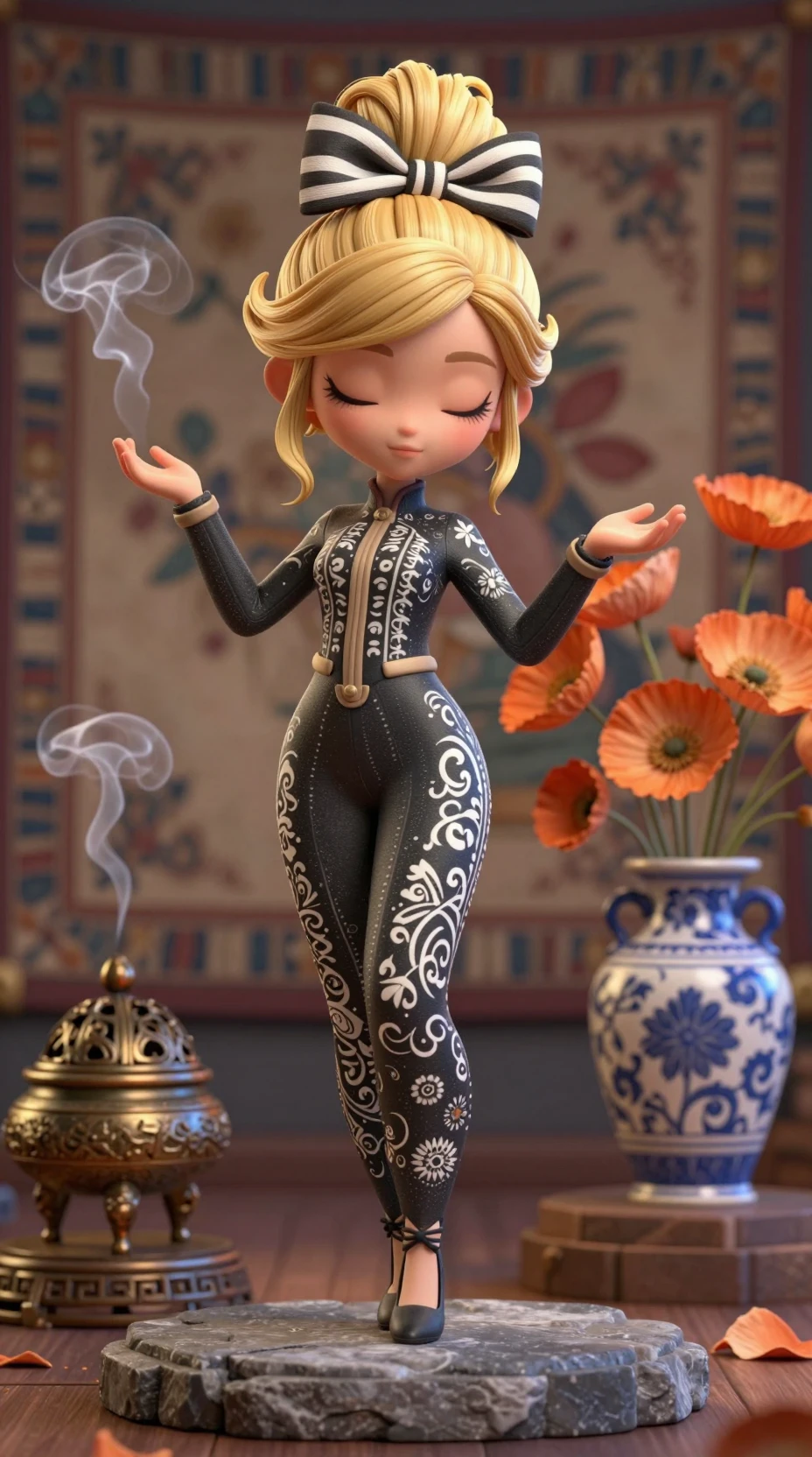 Stylized 3D girl statue with flowers and incense