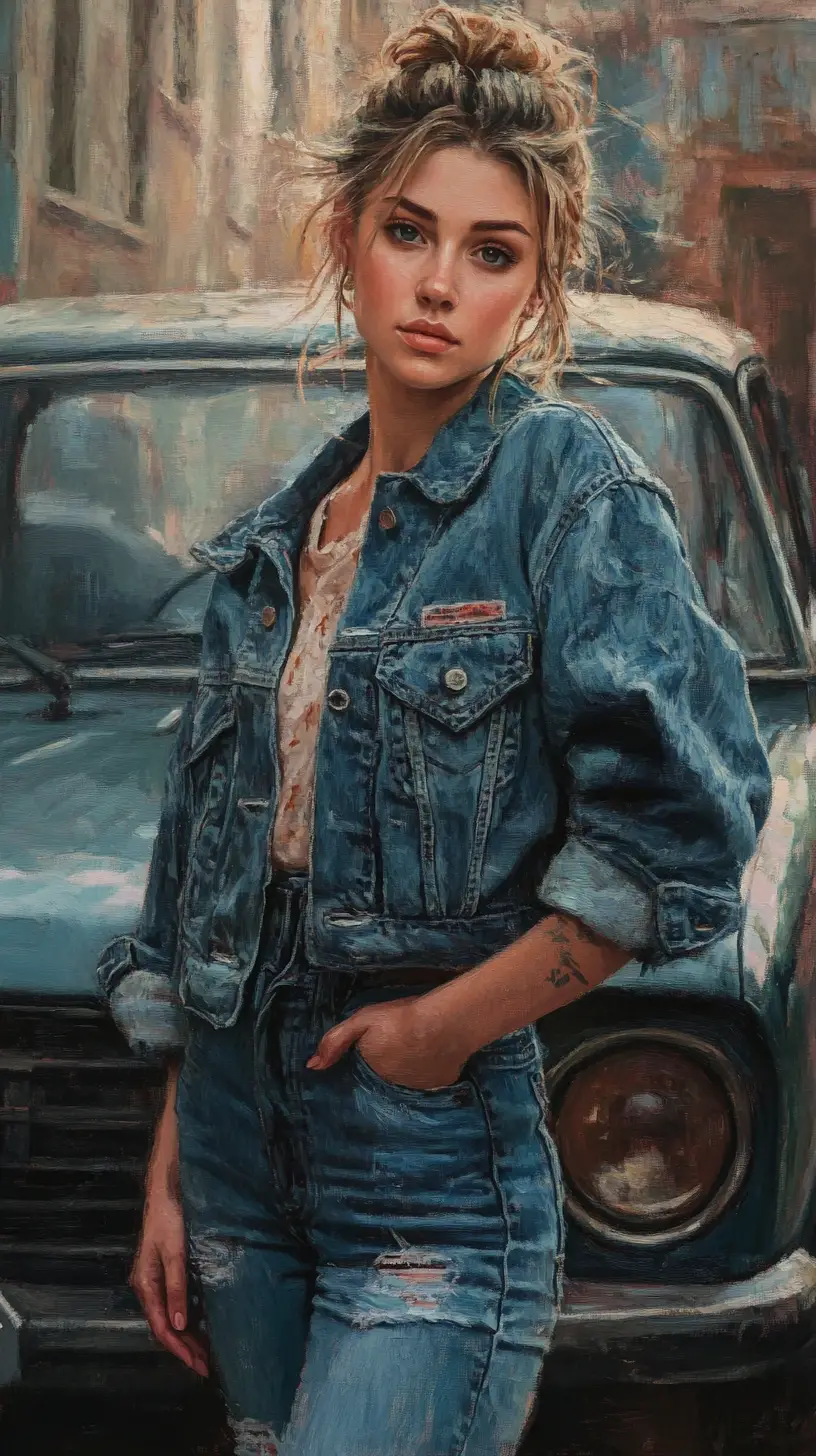 Woman in denim jacket standing beside a Soviet era car