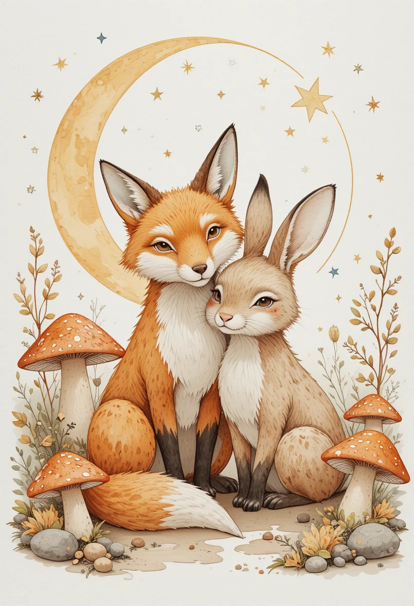 Aquarell-Fuchs und -Kaninchen unter Sichelmond mit Pilzen