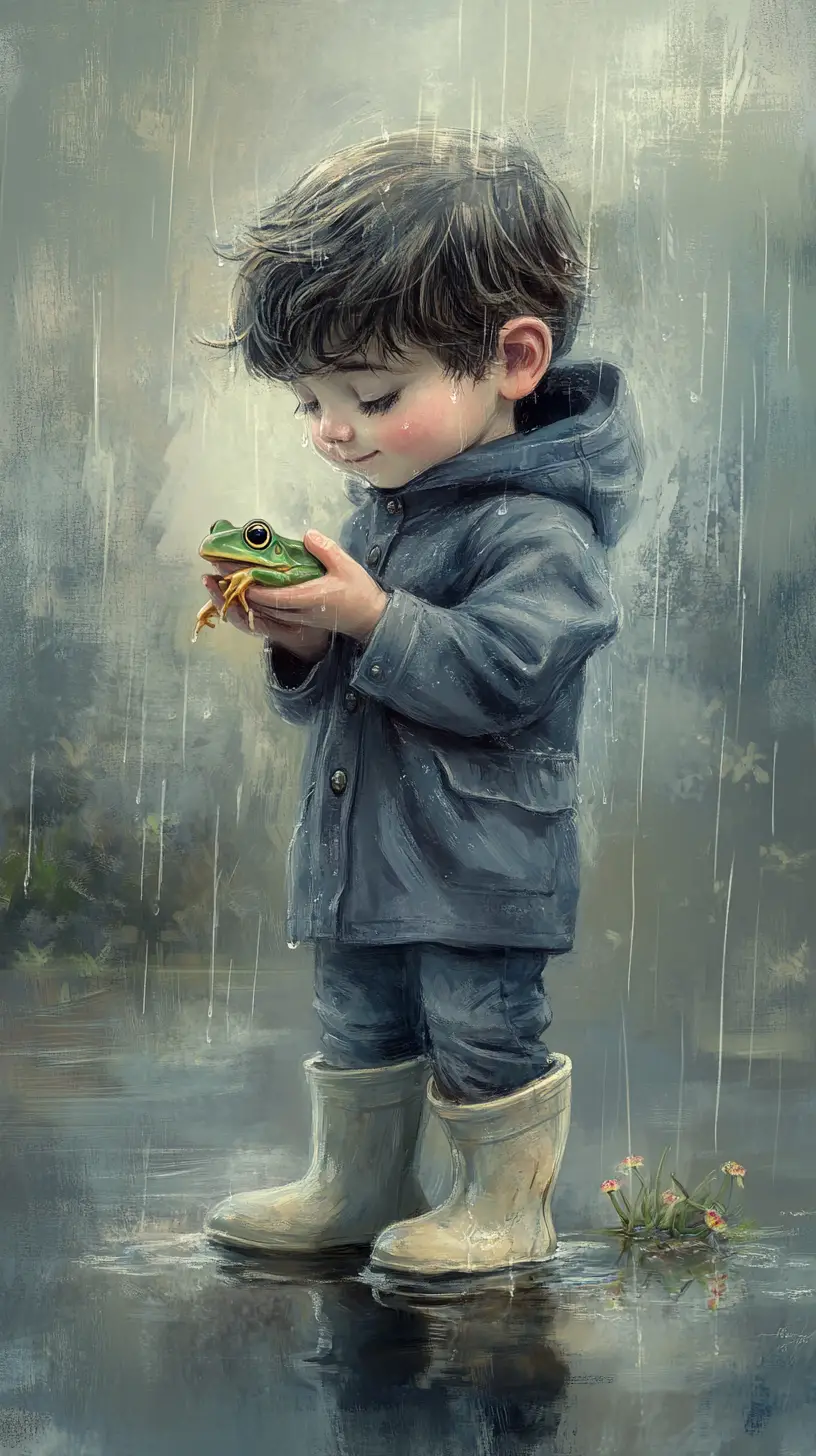 Young boy holding a frog in the gentle rainy light
