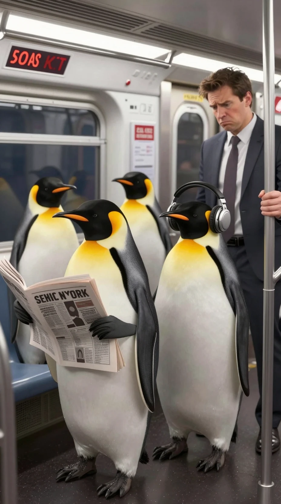Pinguini imperatore su una metropolitana affollata di New York