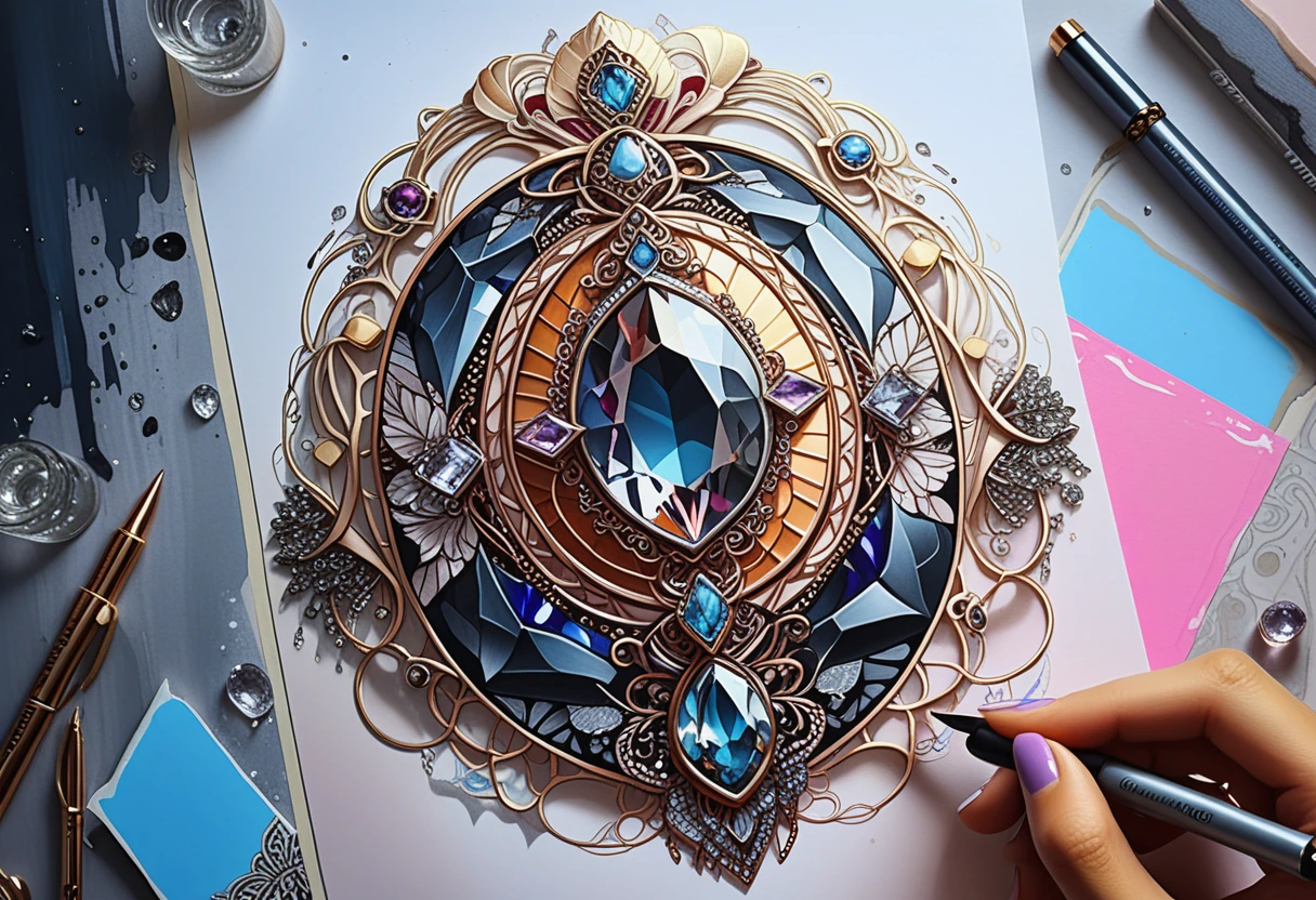 Illustrazione di gioielli boho goth con gemme e cluster di cristalli al neon