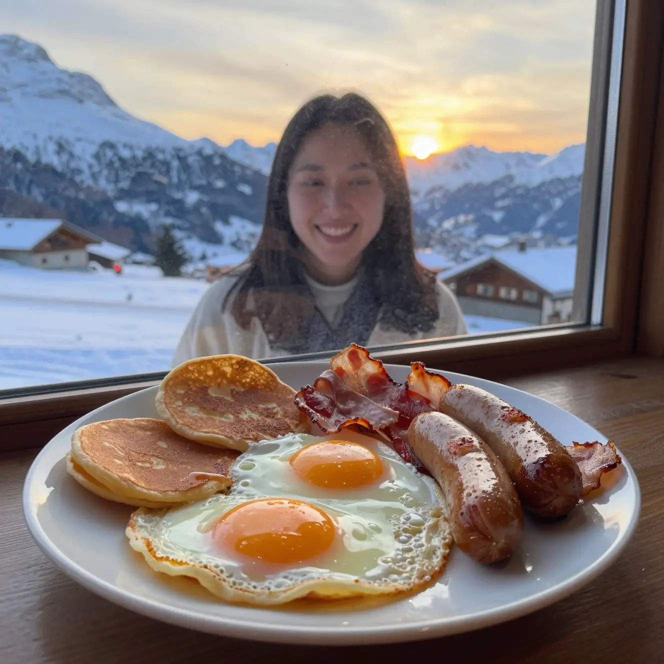 Frühstück mit Pfannkuchen und Speck in den verschneiten Schweizer Alpen