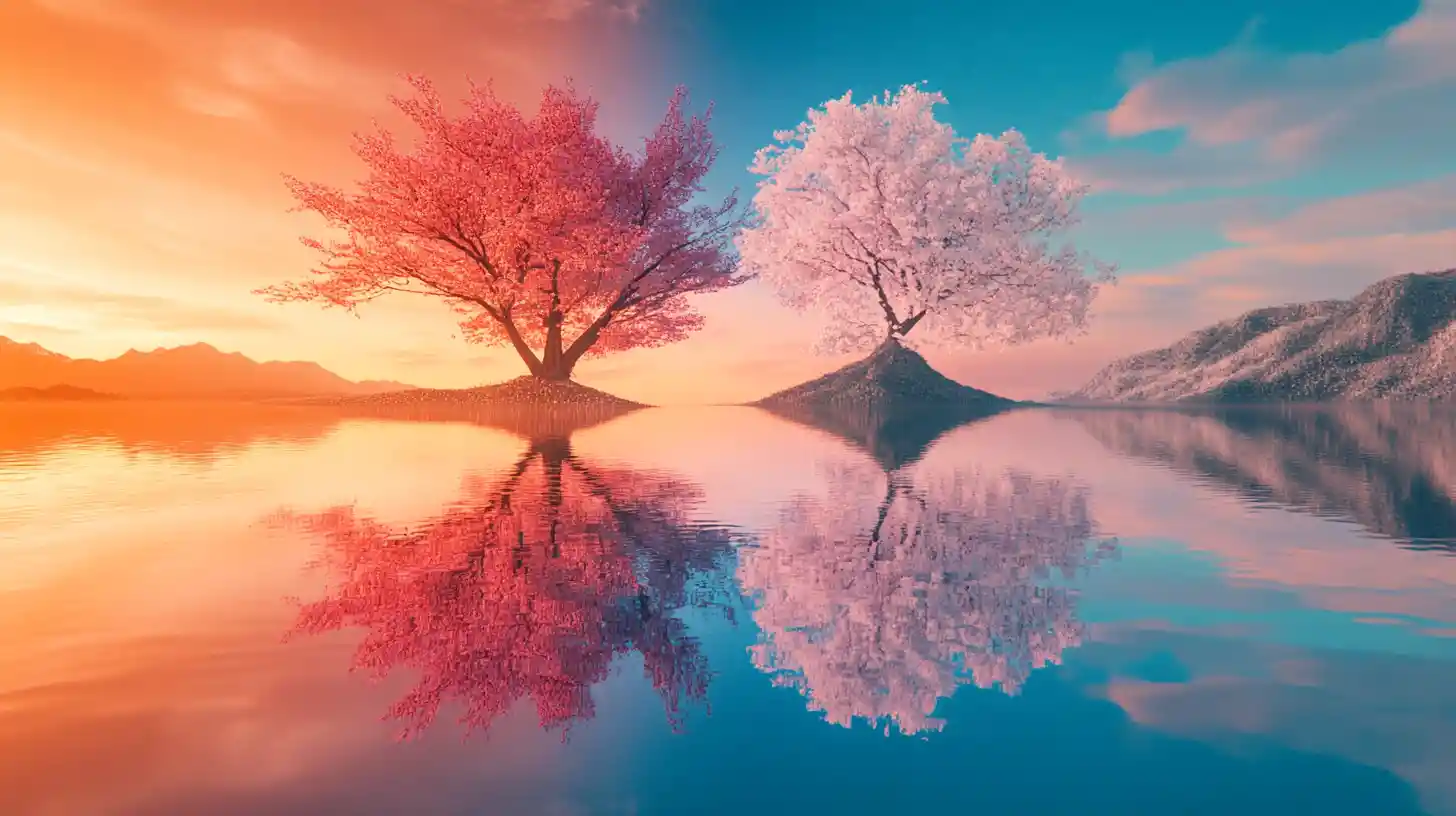 Yin yang sky over forest at sunrise and sunset