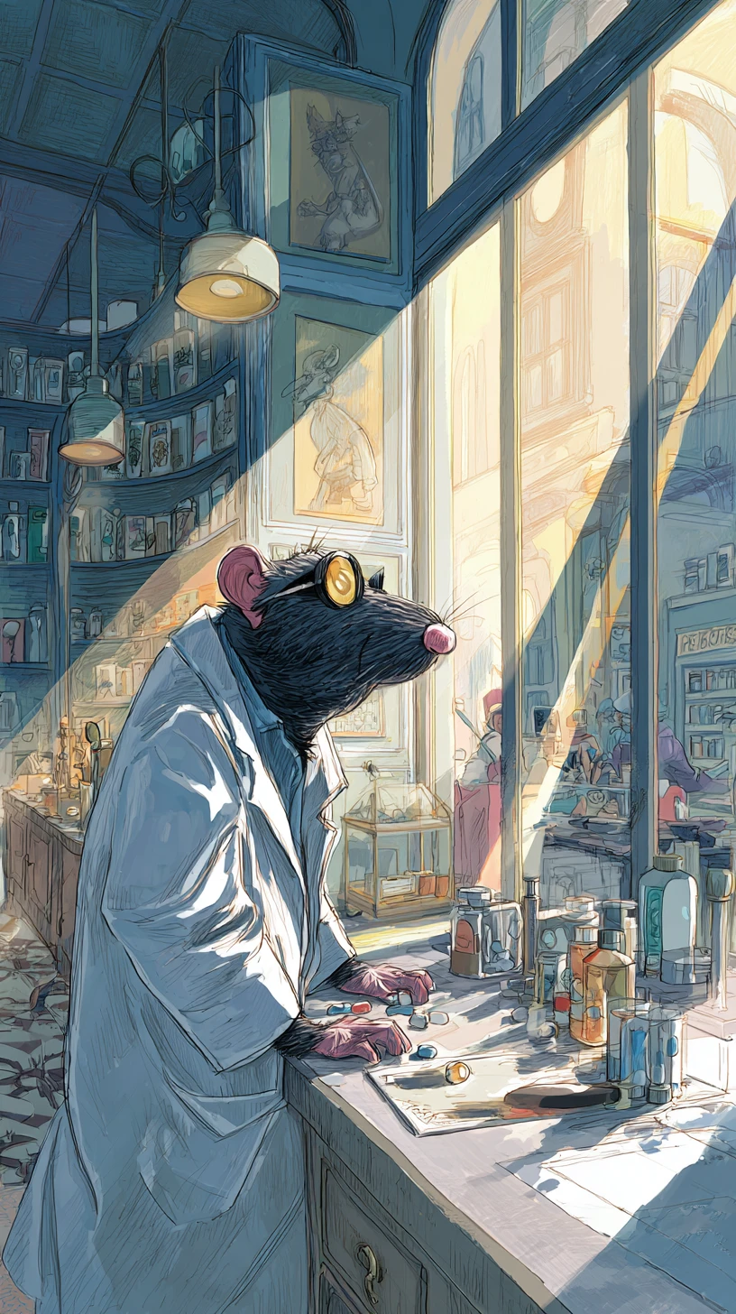 Verspielter Rattenapotheker, der in einer hellen Comicszene Pillen rollt