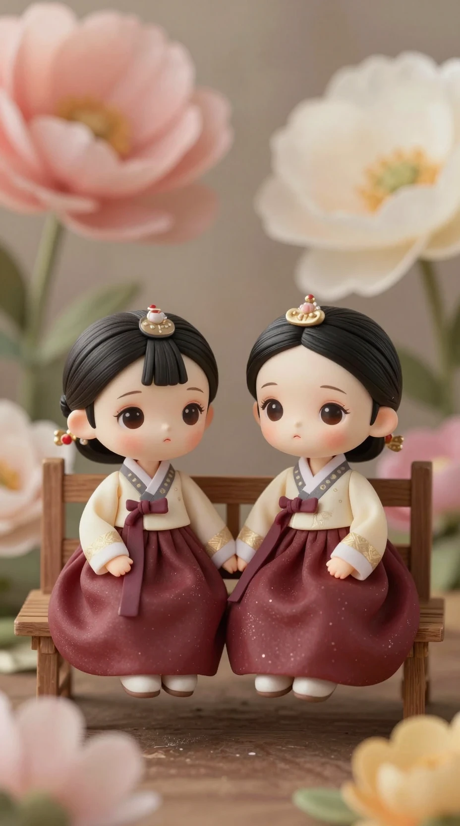 Poupées chibi en hanbok se tenant la main sur un banc en bois