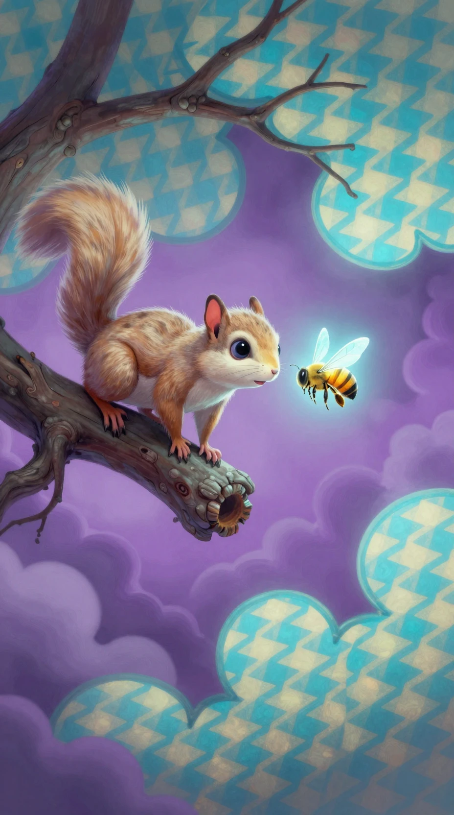 Timid flying squirrel facing a glowing ethereal honeybee