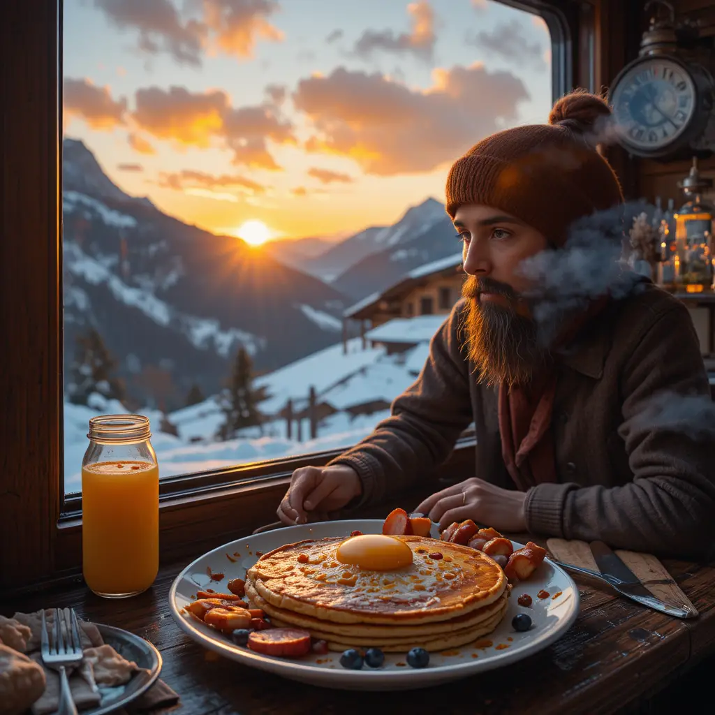 Frühstück mit Pfannkuchen und Speck bei Sonnenuntergang in den Alpen