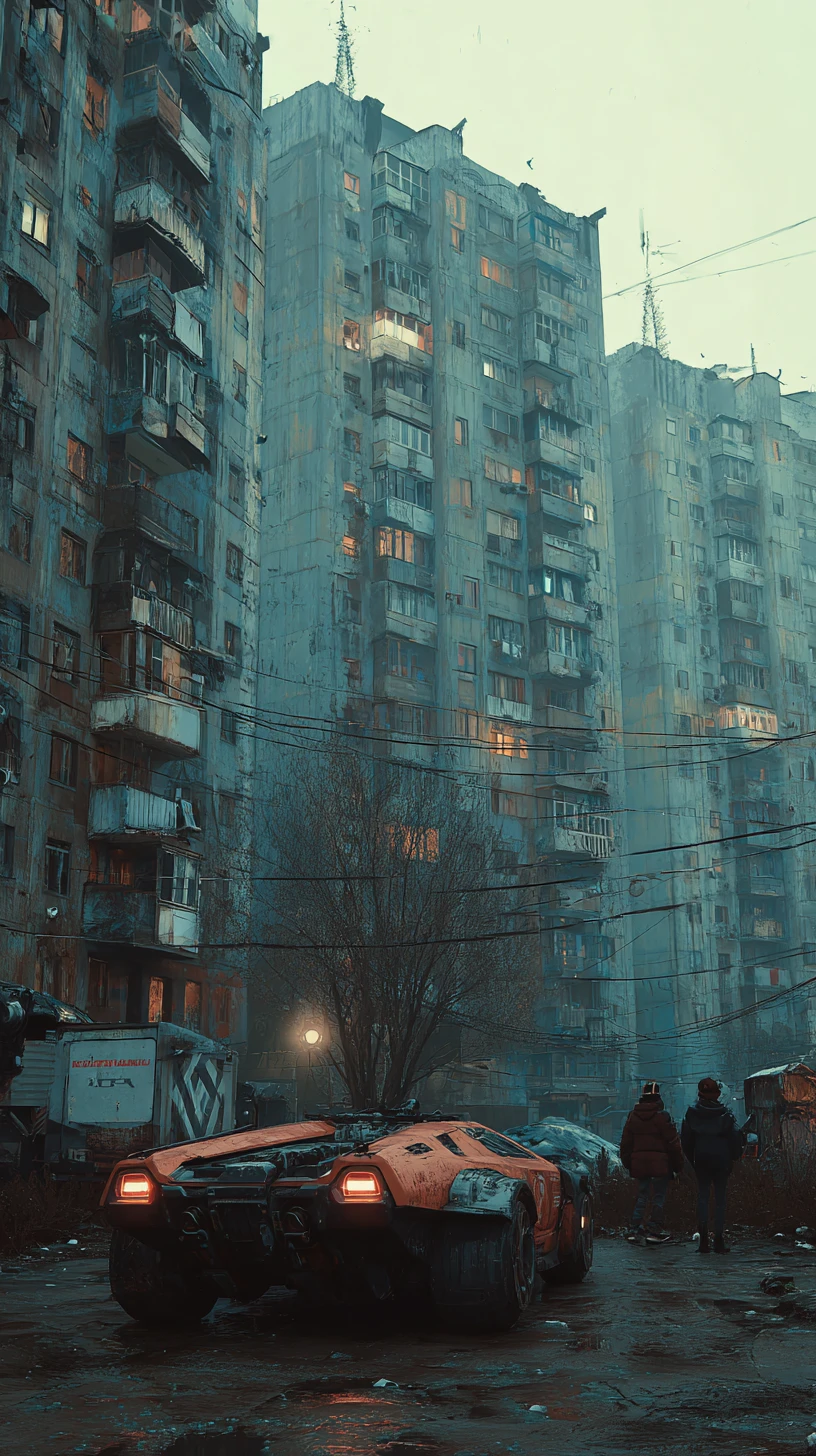 Bambini cyborg in un paesaggio urbano brutalista futuristico in Ucraina