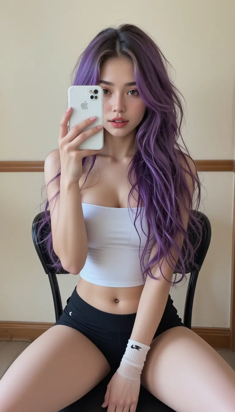 Young woman taking a mirror selfie in casual outfit