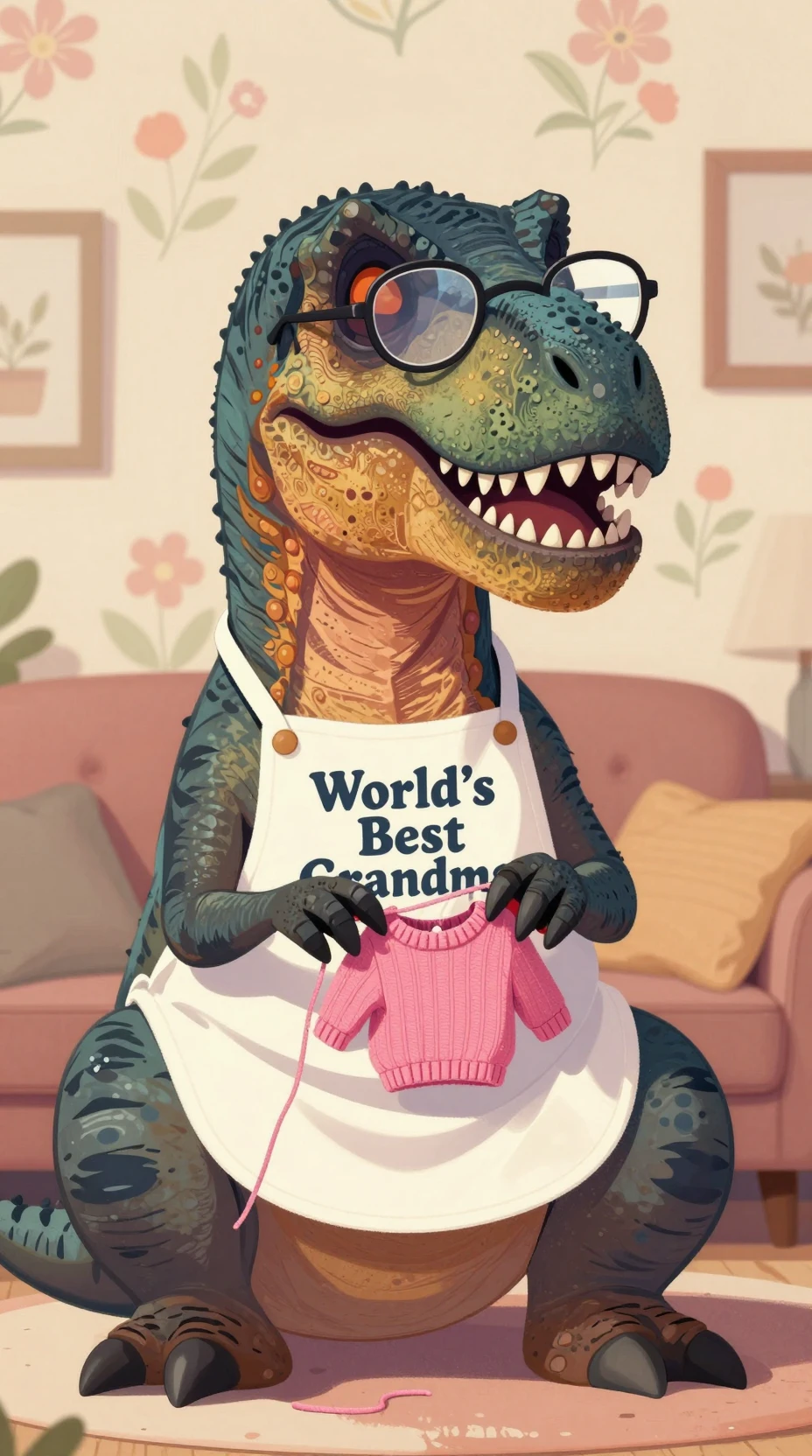Vovó T-Rex Tricotando um Pequeno Suéter Rosa em Casa