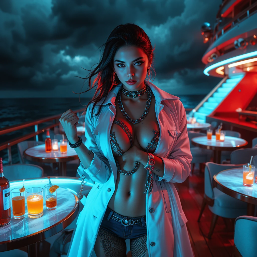 Mature femme fatale with chains and glowing tattoos